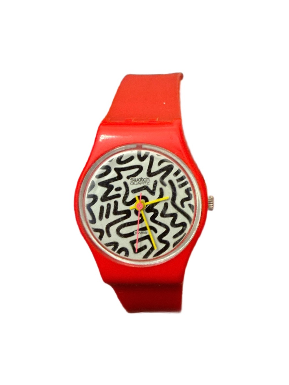 Swatch Red & Black Vintage 1984 Swiss Bought With Abstract Pattern Face